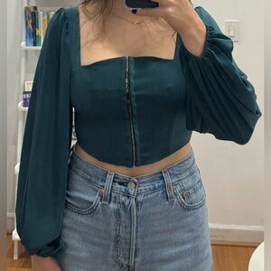 Urban Outfitters - Silk cropped blouse with button-up front, size M, teal